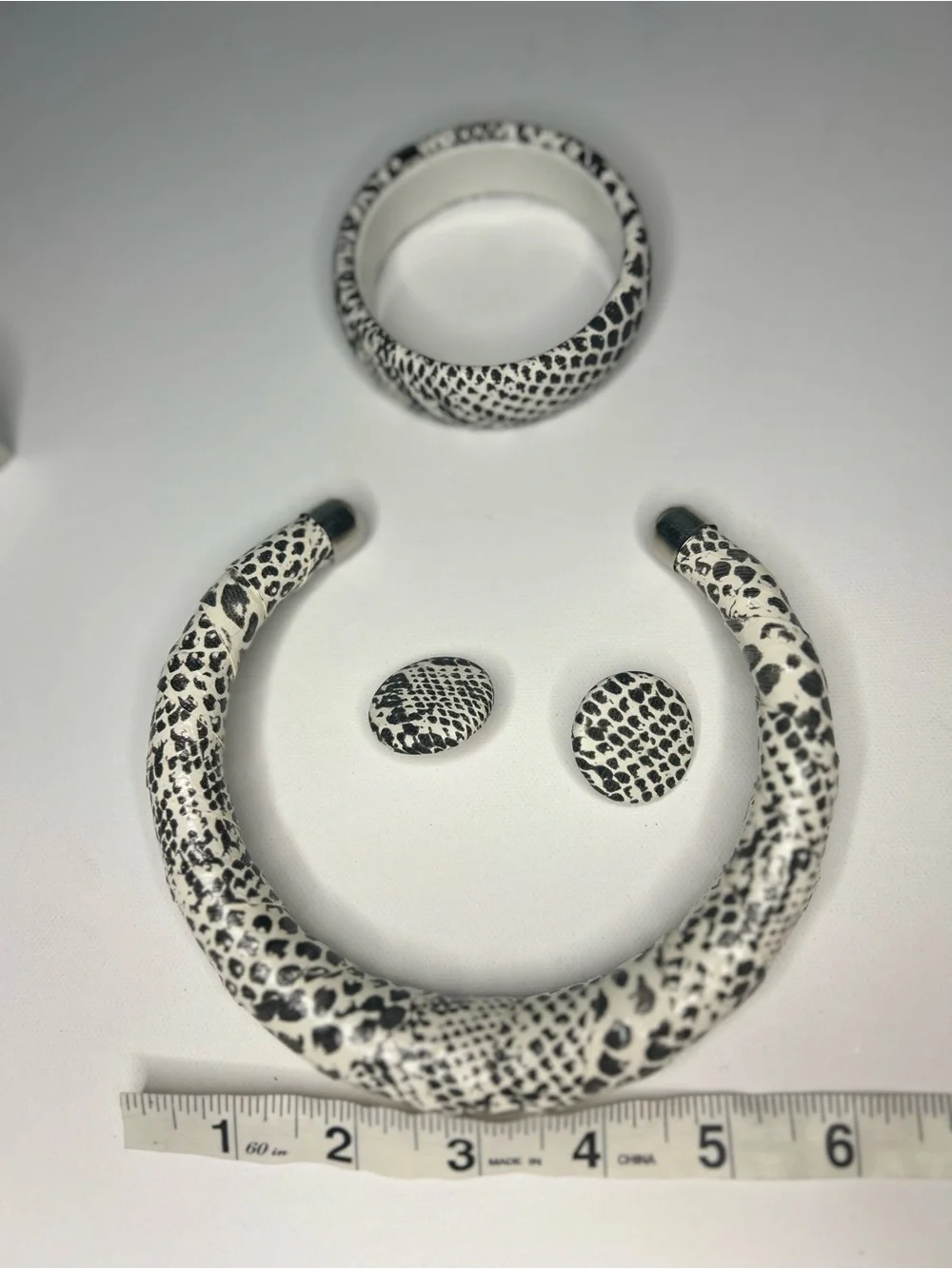 Vintage Faux Snakeskin Choker Necklace Bracelet & Earrings Set Python Print 80s